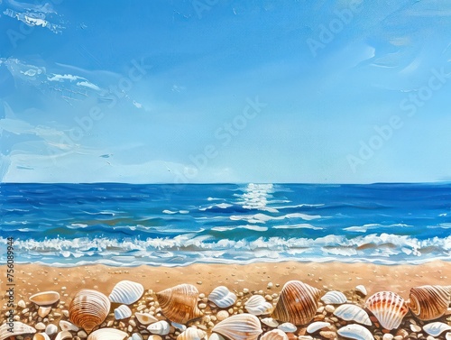 blue sky in sandy beach sea shells small pebbles 
