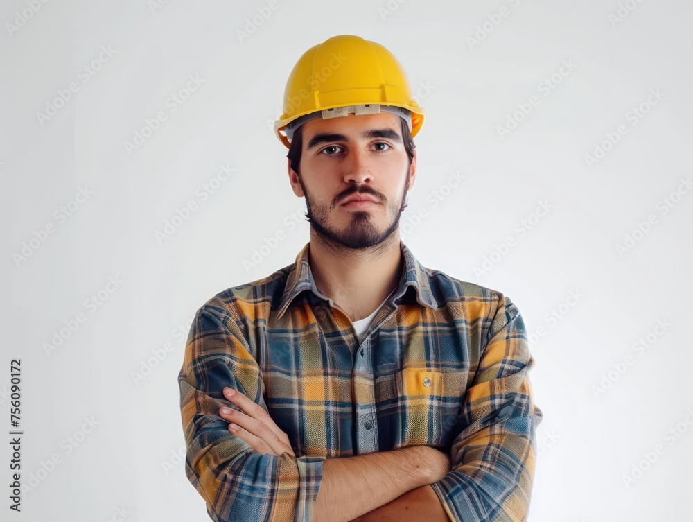 male wearing a yellow hard hat with his arms crossed