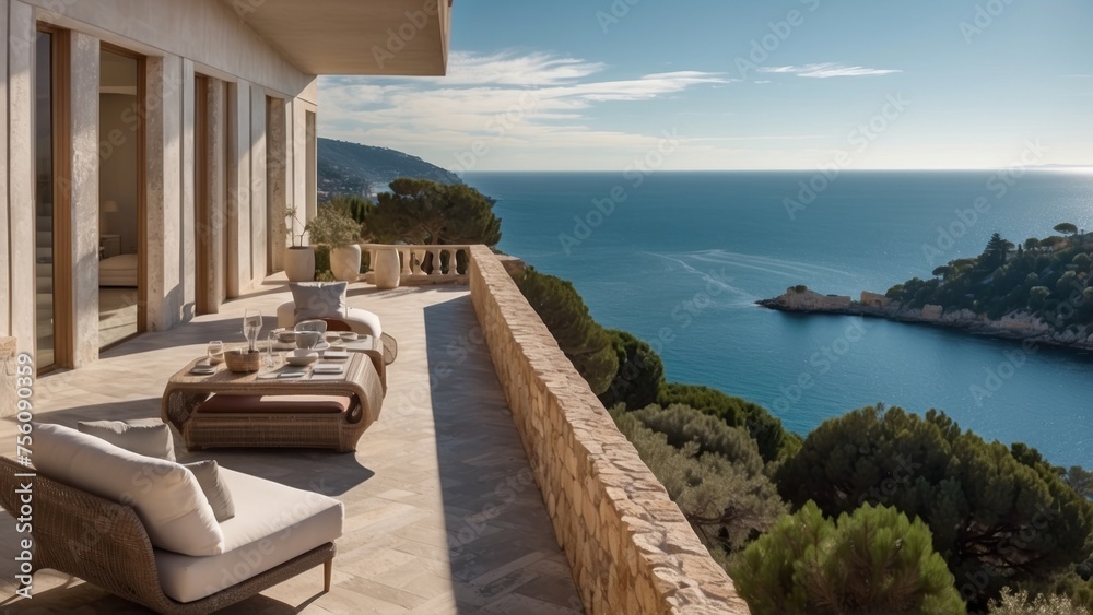 Fototapeta premium Exquisite mansion perched on the serene shores of the French Riviera, offering sweeping views of the azure Mediterranean and private terraces overlooking the coastal beauty