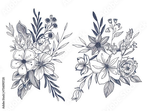 set floral Bouquet design, doodle vector hand drawn, coloring page vector style low detail lines, minimal, black and white, white background