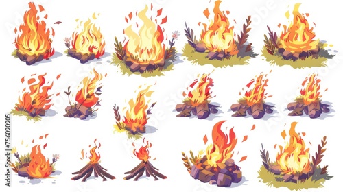 fires flames, white background, isometric view