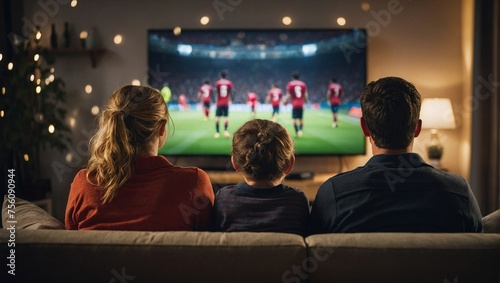 Father with his children in the living room at home watching a football game on television.