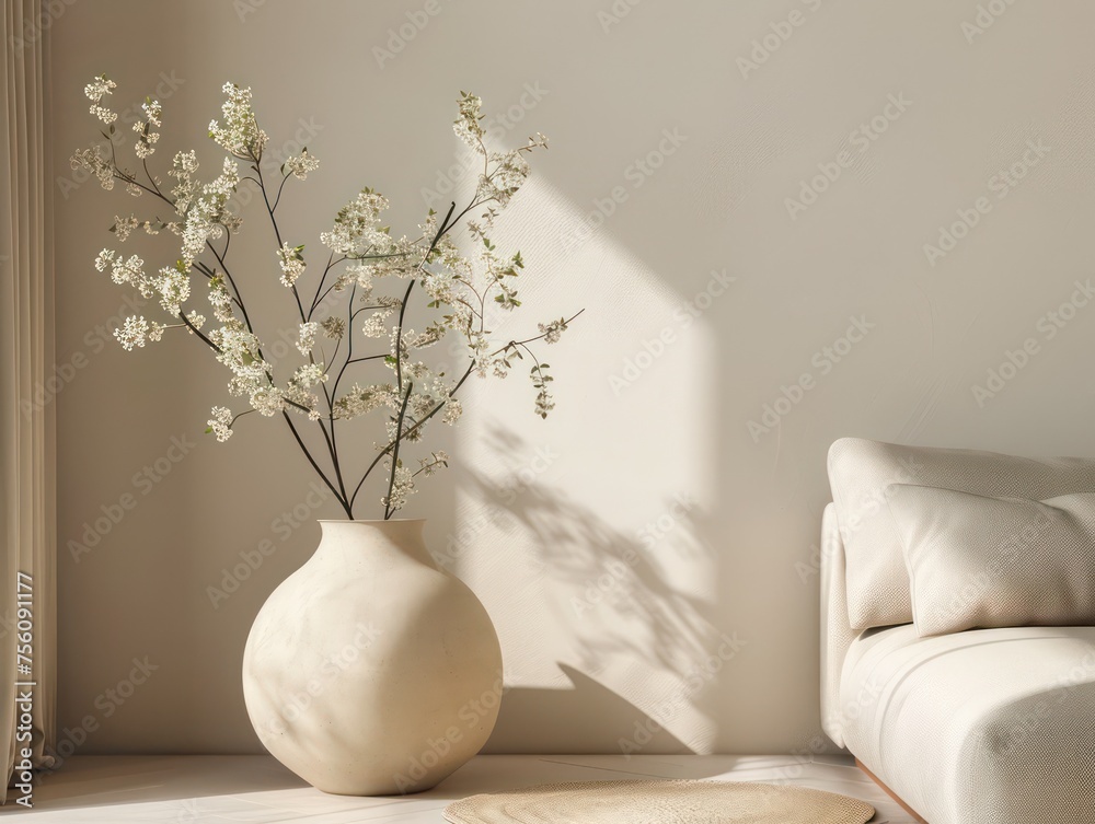 tan vase in front of couch, in the style of abstract minimalistic compositions, soft color palettes