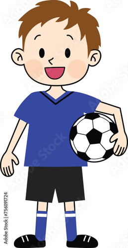 Illustration of a boy wearing blue jersey holding a soccerball.