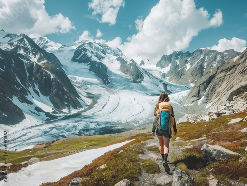 In summer, a girl traveler walks with a backpack along a challenging trail in the mountains, surrounded by majestic glaciers and snow-capped cliffs