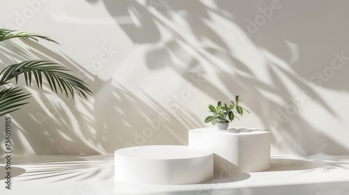 cosmetic white podiums for product showdown, white background, foliage shadows