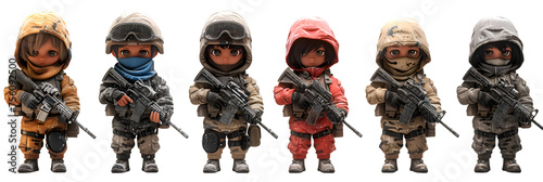 A 3D animated cartoon render of kids in airsoft gear taking cover in a simulated battlefield. photo