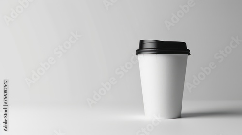 white paper cup with black lid isolated on white background photo