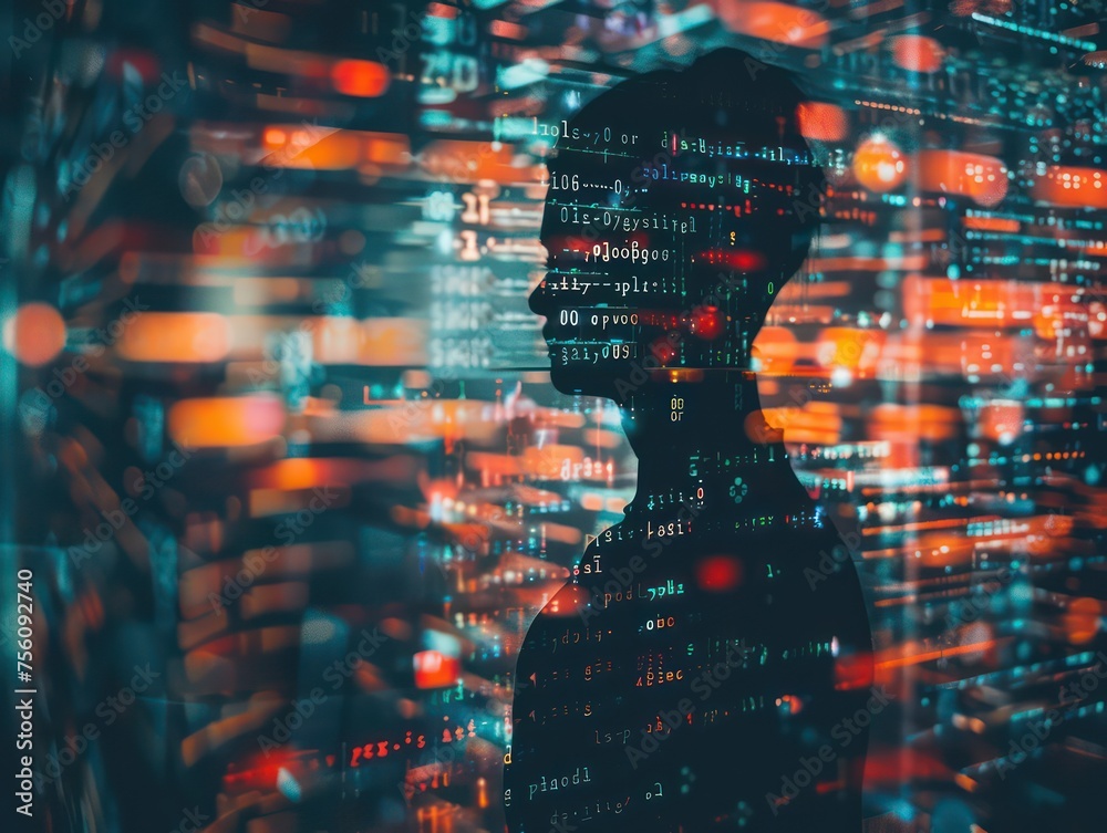 words around the person, numbers and code flow around the outline of the person words around the person, numbers and code flow around the outline of the person