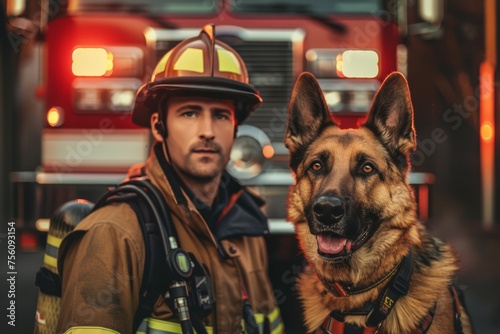 Firefighter and German Shepherd in front of fire truck