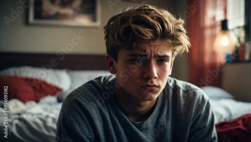 Teenager sitting on his bed in his room crestfallen, sad and depressed because he suffers bulling, bullying and feels alone. 