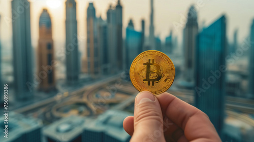 Hand holding a golden Bitcoin with Dubai, UAE out of focus in the background