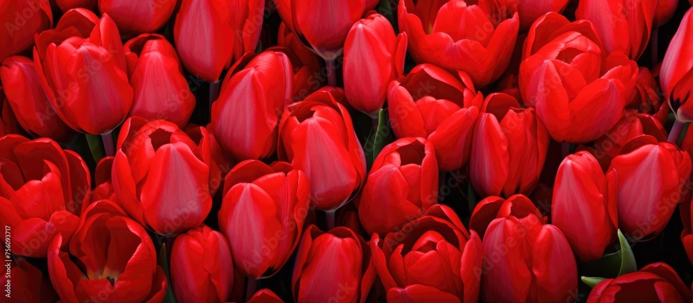 A cluster of vibrant red tulips arranged on a table, showcasing their beautiful petals and natural beauty in a closeup view. These flowering plants make a stunning display of pink and magenta hues A cluster of vibrant red tulips arranged on a table, showcasing their beautiful petals and natural beauty in a closeup view. These flowering plants make a stunning display of pink and magenta hues