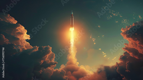 A rocket pierces through the cumulus clouds in the sky