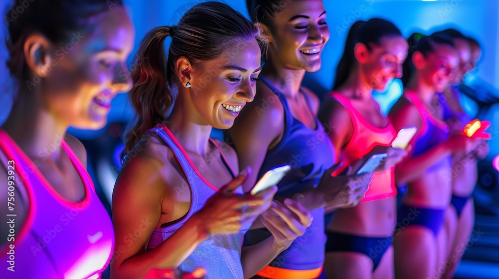 Fototapeta premium Fitness enthusiasts on phones in gym studio with workout equipment and motivational posters