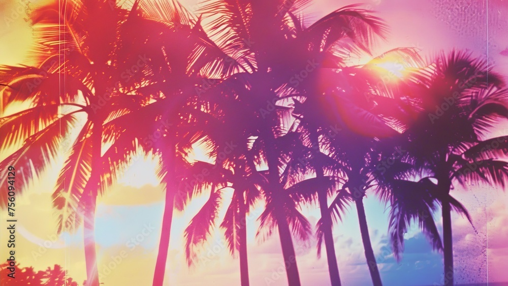 Retro summer colorful theme texture background with palm trees and a 1980s polaroid vintage style look. Miami dance party vibes. 