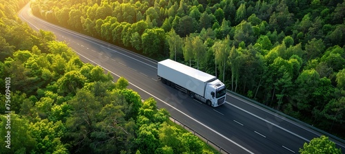 Aerial drone view of car and truck moving on highway road captured from top perspective