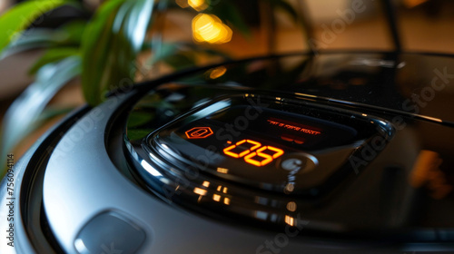 A closeup of the mops LED display showing the remaining battery life and selected cleaning mode.