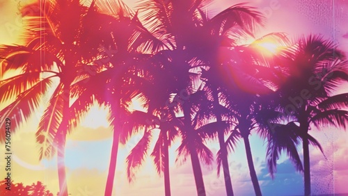 Retro summer colorful theme texture background with palm trees and a 1980s polaroid vintage style look. Miami dance party vibes. 