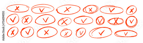 Set of red pencil check marks and crosses in ellipse or circle frames.