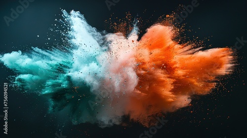 Colored powder explosion. Green, white and orange colors dust on black background. Multicolored powder splash background photo