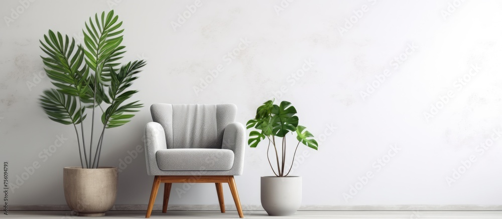 Armchair and plants against a white wall. Armchair and plants against a white wall.