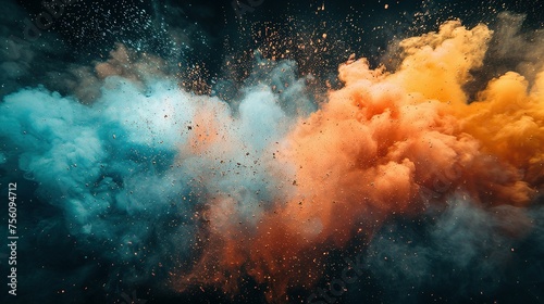 Colored powder explosion. Green, white and orange colors dust on black background. Multicolored powder splash background © Jennifer