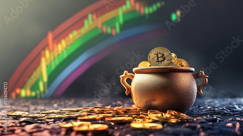 Saint Patrick's Day themed wallpaper background of a pot of gold Bitcoins at the end of a stock candle chart rainbow 