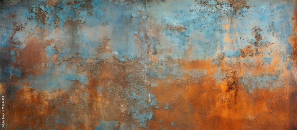 A detailed closeup photo of a rusty metal surface showcasing a unique blue and orange colored texture, resembling a painting in a natural landscape with grass and sky in the background