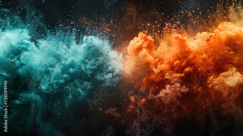 Colored powder explosion. Green, white and orange colors dust on black background. Multicolored powder splash background