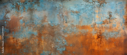 A detailed closeup photo of a rusty metal surface showcasing a unique blue and orange colored texture, resembling a painting in a natural landscape with grass and sky in the background