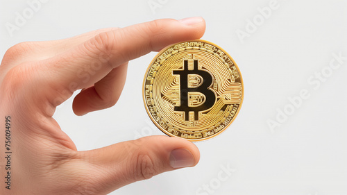 Wallpaper background of two fingers holding a gold Bitcoin with a white background