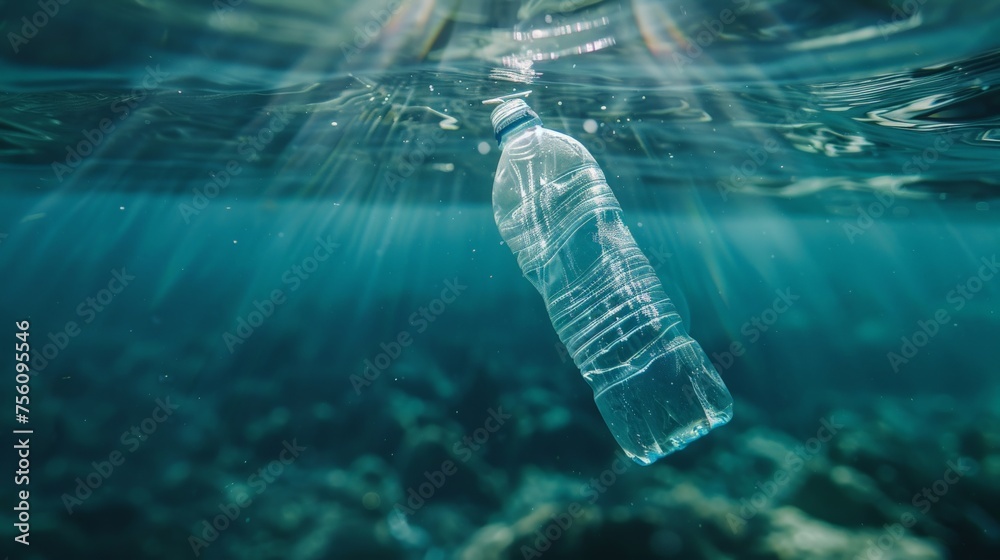 plastic bottle floating in the water, plastic pollution advertising photo - obrazy, fototapety, plakaty 