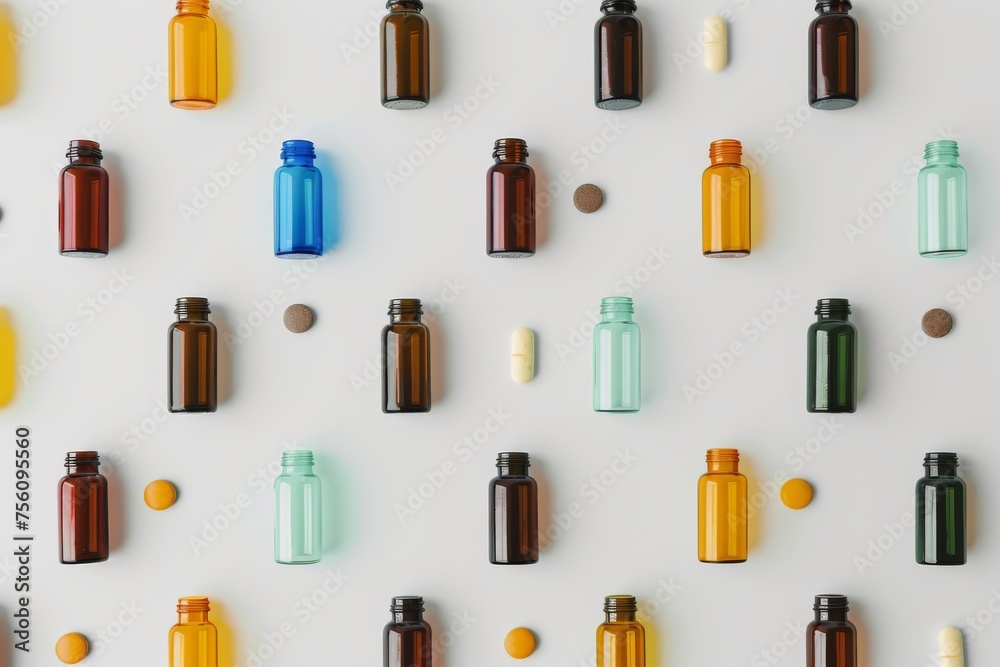 Colored glass bottles and various pills on white background Colored glass bottles and various pills on white background