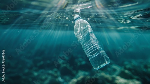 plastic bottle floating in the water, plastic pollution advertising photo photo
