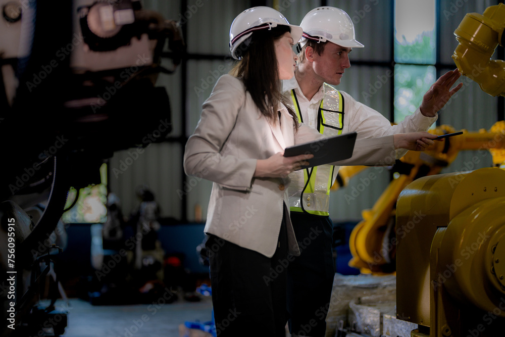 Business woman and man meeting and checking new machine robot. Engineer walking at warehouse industry machine. business negotiation concepts and technology. woman is Using smart Tablet to present man.