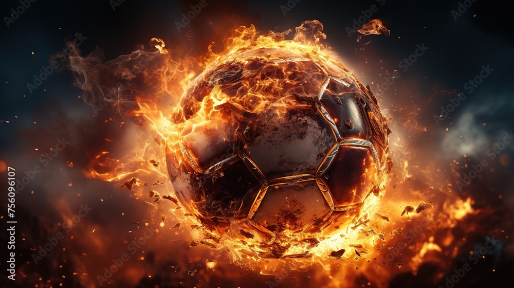 Flying football or soccer ball on fire. Isolated on black background - obrazy, fototapety, plakaty 