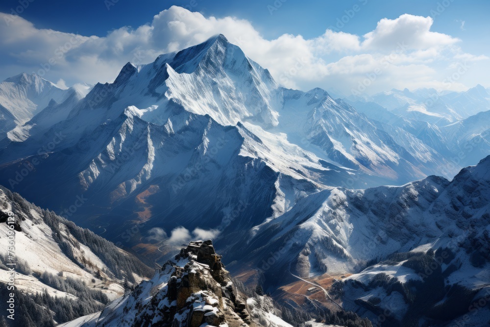 Snowy mountain range under a blue sky with clouds, a stunning natural landscape