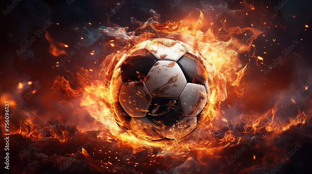 Naklejka premium Flying football or soccer ball on fire. Isolated on black background