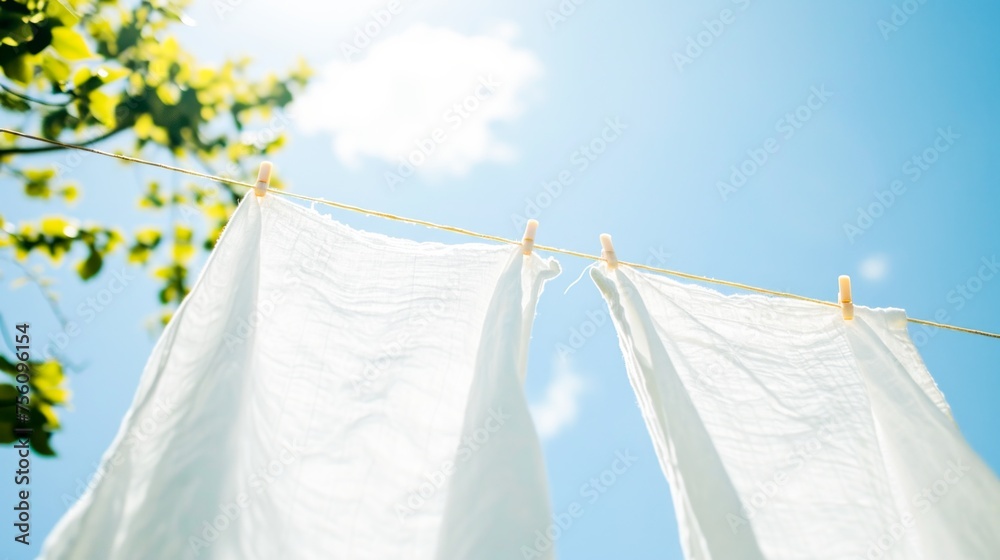 White laundry hangs on a line against a clear blue sky, reminiscent of freshness and cleanliness.