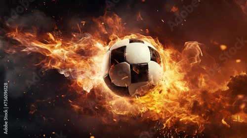 Flying football or soccer ball on fire. Isolated on black background