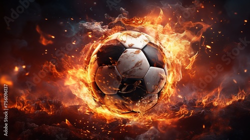 Flying football or soccer ball on fire. Isolated on black background © Vasiliy