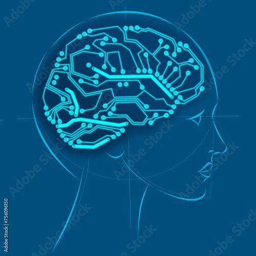 Human head sketch with printed circuit board style of brain. Artificial intelligence concept.