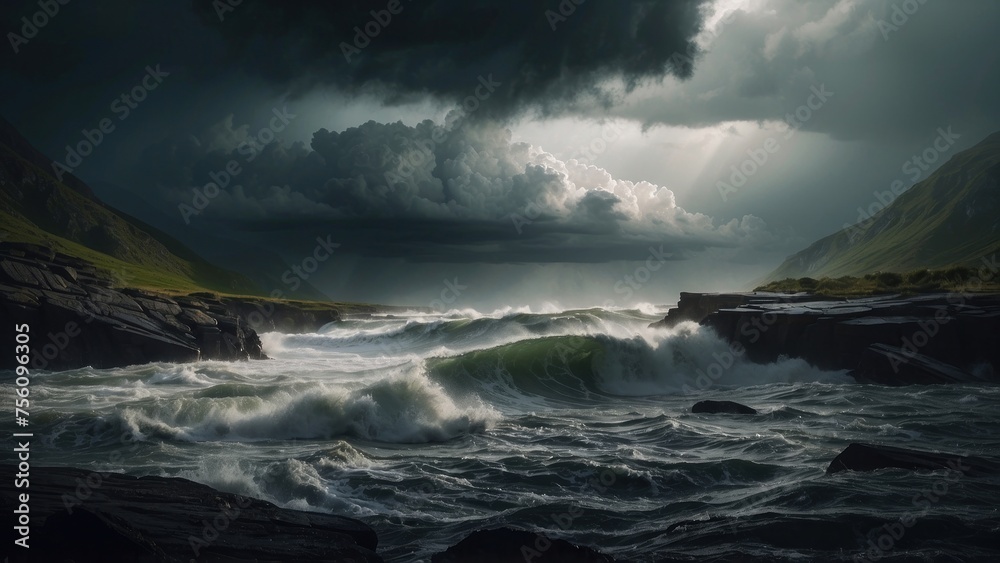 Describe a tumultuous open world landscape amidst a powerful storm, where nature's fury and breathtaking views collide in a mesmerizing display - obrazy, fototapety, plakaty 