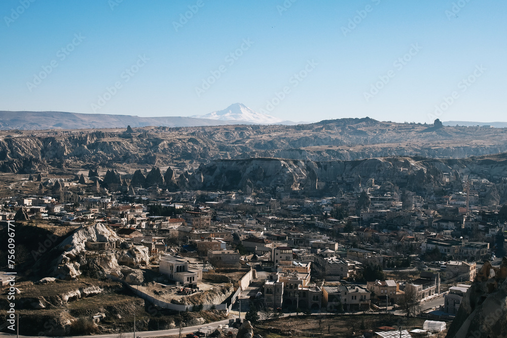 Aerial view of Cappadocia city with Snowy Erciyes Mount, Turkey