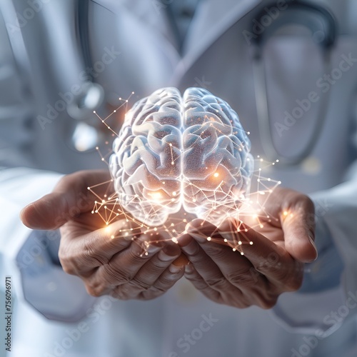 Multiple Doctors Analyzing Brain Hologram