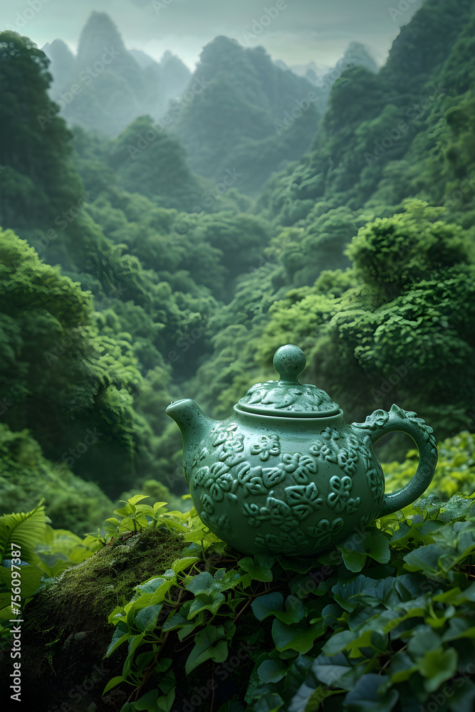 Vintage ceramic tea kettle with chinese green or ceylon black tea with beautiful valley mountains landscape on background. Hot morning drink. Travel concept. Banner with copy space - obrazy, fototapety, plakaty 