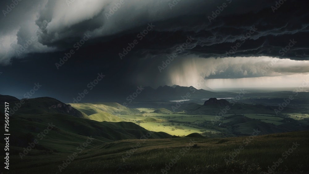 Describe a tumultuous open world landscape amidst a powerful storm, where nature's fury and breathtaking views collide in a mesmerizing display