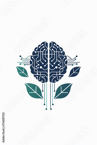 Digital Brain Logo with Leaves