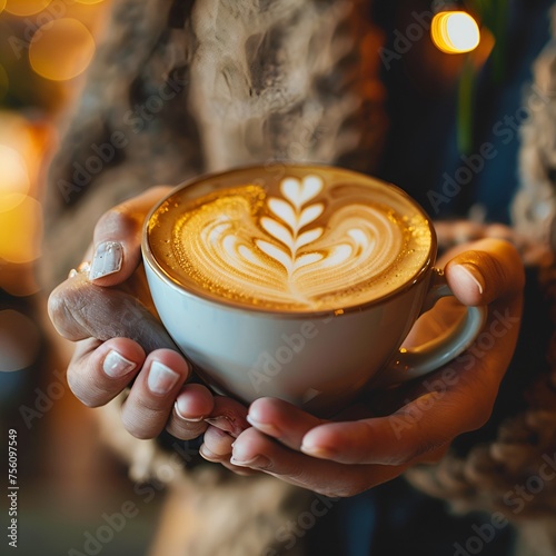 Exquisite Latte Art: Hands Holding Cup in Cafe Bar